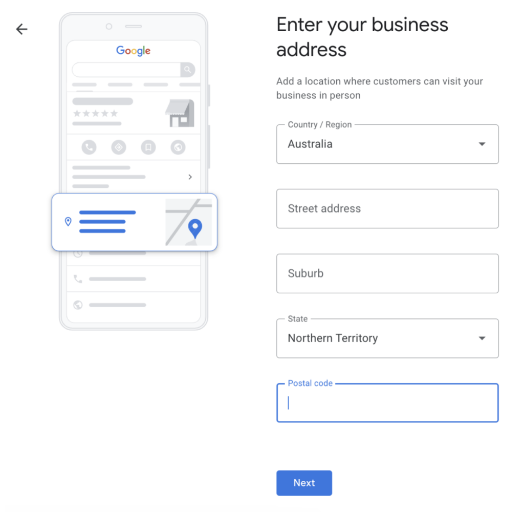 entering your business address into Google My Business