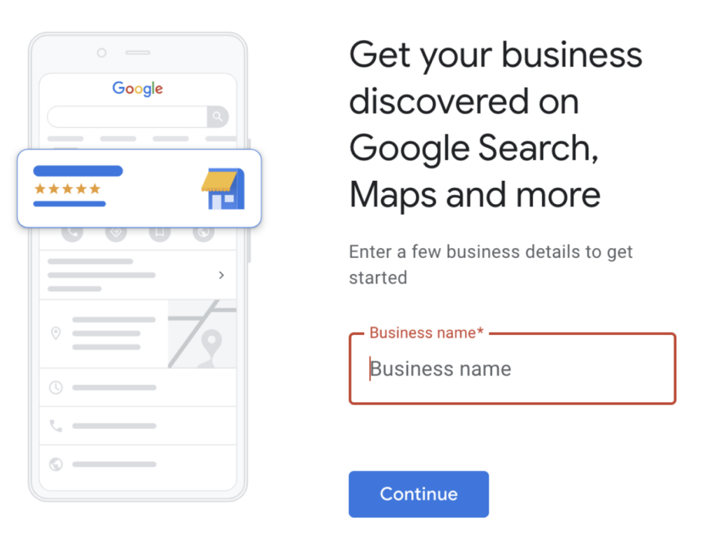 Picture of entering business name for Google My Business Sign Up